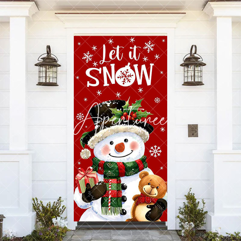 Aperturee - Let It Snow Snowman Bear Red Christmas Door Cover