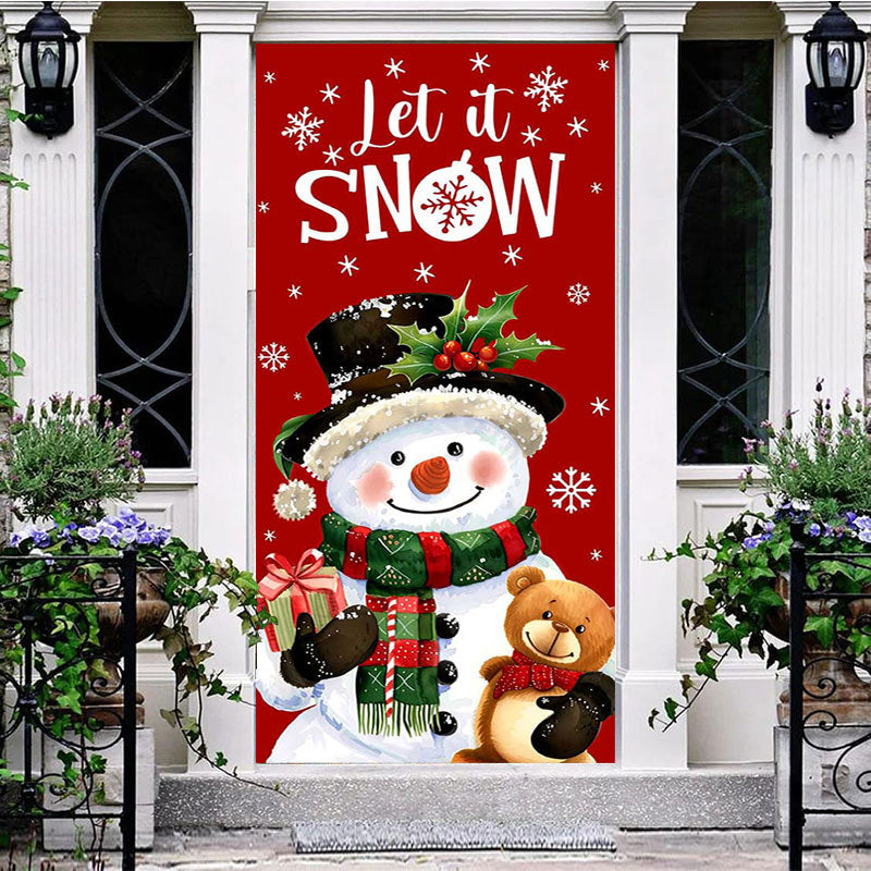 Aperturee - Let It Snow Snowman Bear Red Christmas Door Cover