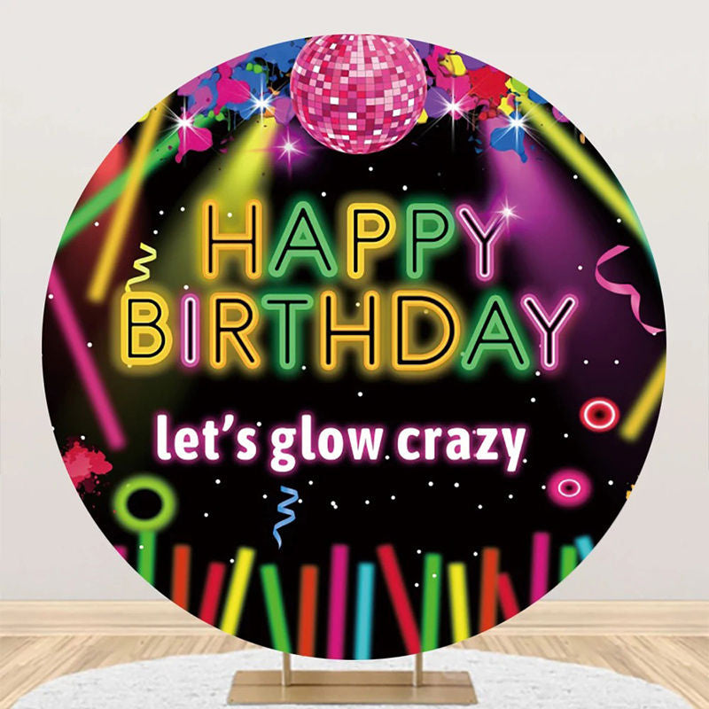 Aperturee - Lets Glow Crazy Black Disco Round Birthday Backdrop