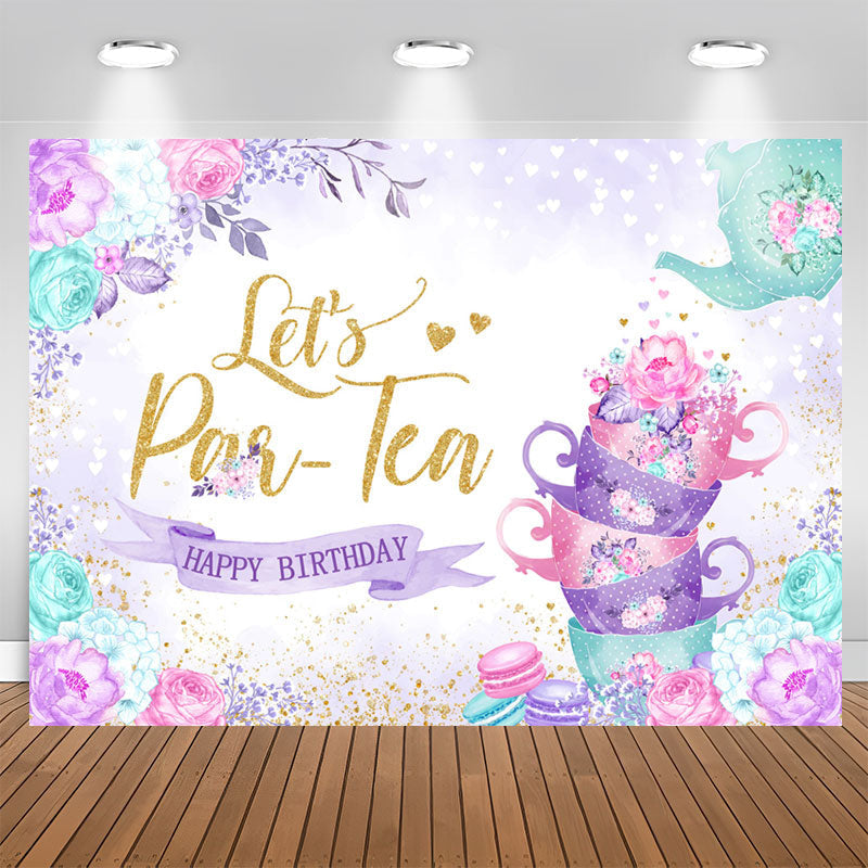 Aperturee - Lets Parten Cups Floral Happy Birthday Backdrop