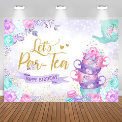 Aperturee - Lets Parten Cups Floral Happy Birthday Backdrop