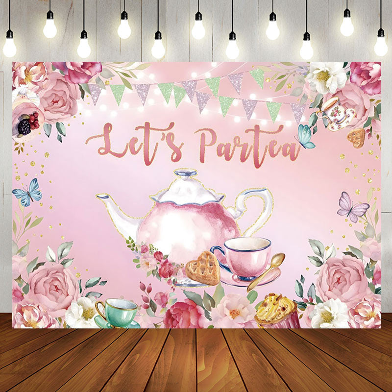 Aperturee - Lets Partes Pink Floral Spring Party Time Backdrop