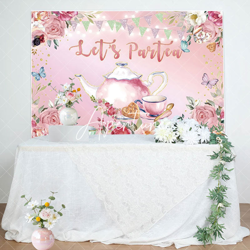 Aperturee - Lets Partes Pink Floral Spring Party Time Backdrop