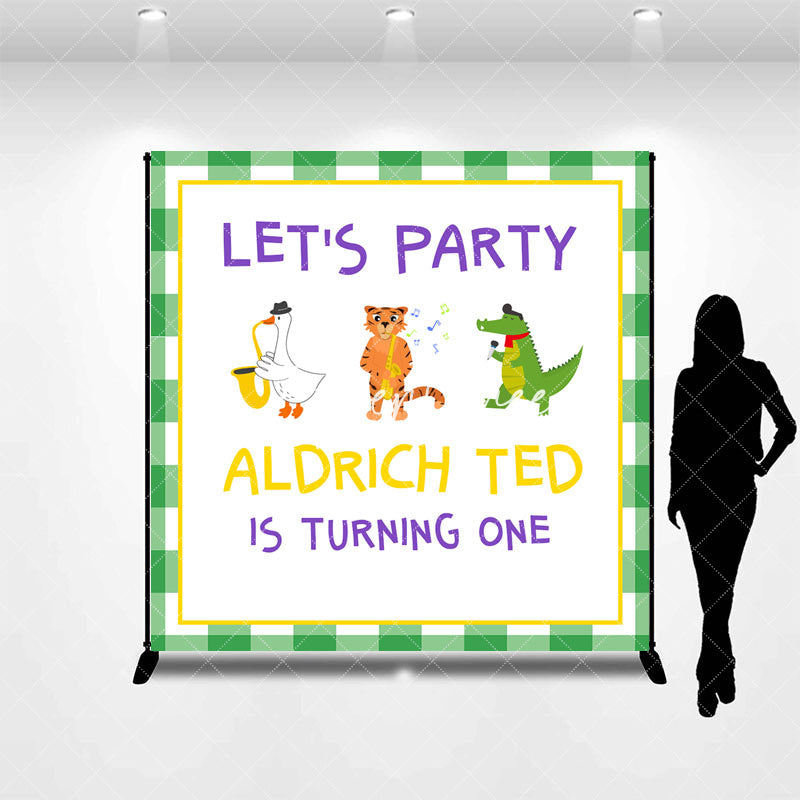 Aperturee - Lets Party Green White Plaid Custom Birthday Backdrop