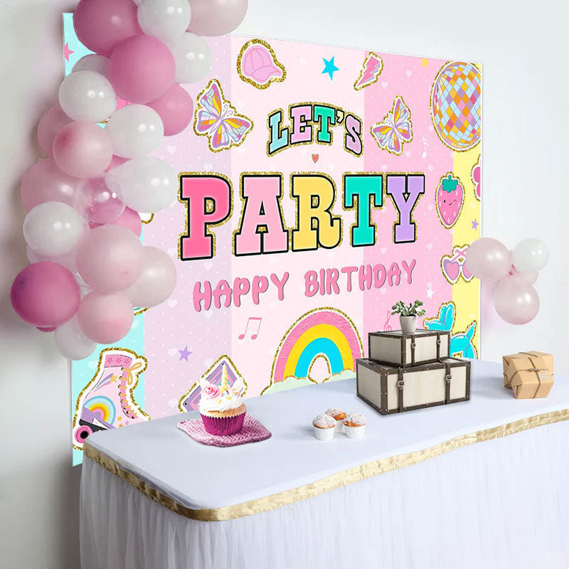 Aperturee - Lets Party Stripe Happy Birthday Backdrop For Girl