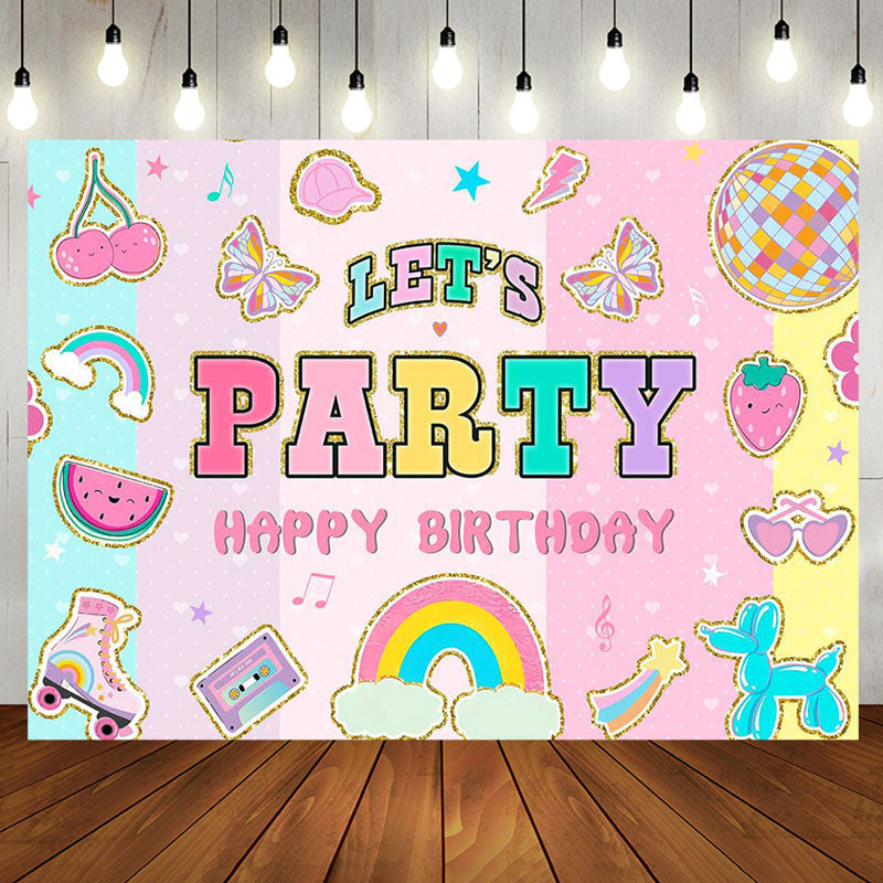 Aperturee - Lets Party Stripe Happy Birthday Backdrop For Girl