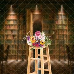 Aperturee - Library Bookcase Arch Vintage Wall Photo Backdrop