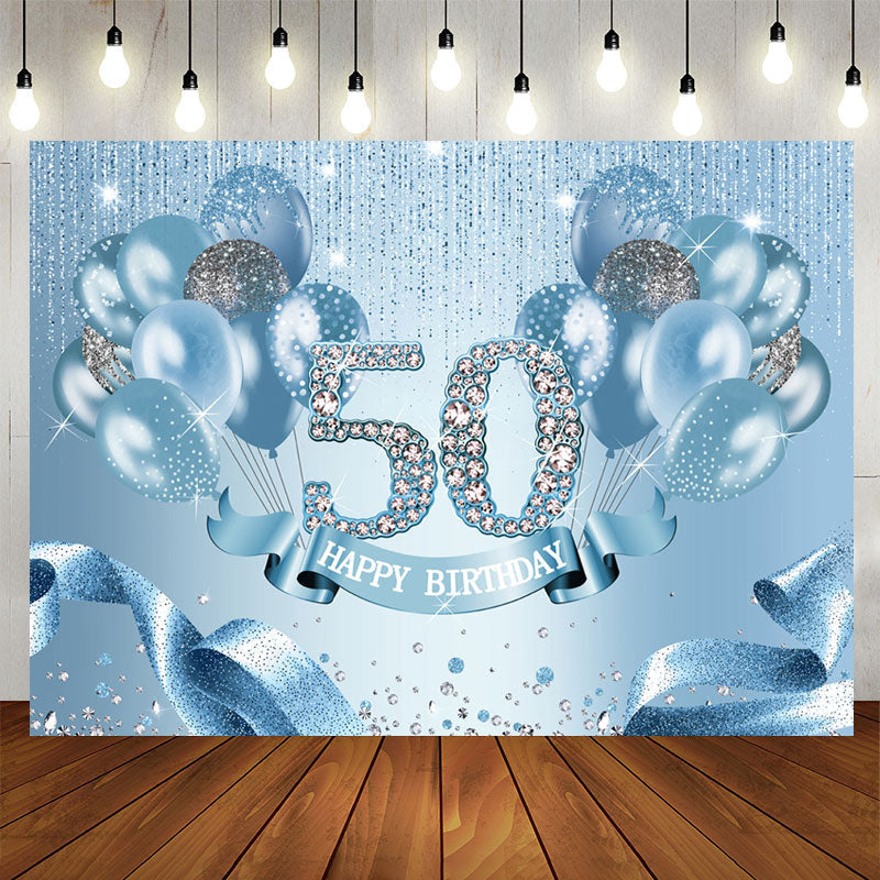 Aperturee - Light Blue Balloon Ribbion Happy 50Th Birthday Backdrop