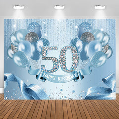 Aperturee - Light Blue Balloon Ribbion Happy 50Th Birthday Backdrop