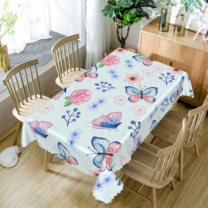 Aperturee - Light Blue Butterfly Floral Rectangle Tablecloth