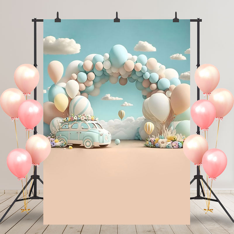 Aperturee - Light Blue Hot Air Balloon Car Birthday Backdrop