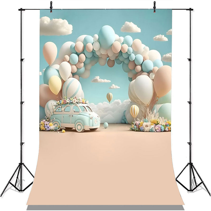 Aperturee - Light Blue Hot Air Balloon Car Birthday Backdrop