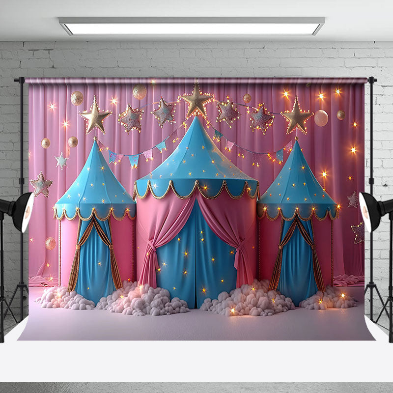 Aperturee - Light Blue Pink Stars Tent Backdrop For Cake Smash