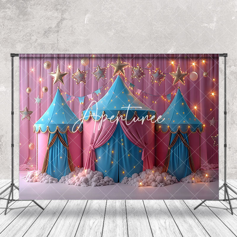 Aperturee - Light Blue Pink Stars Tent Backdrop For Cake Smash