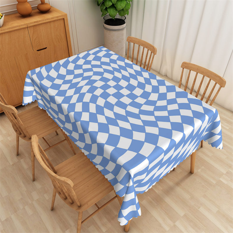 Aperturee - Light Blue White Deformed Grid Rectangle Tablecloth