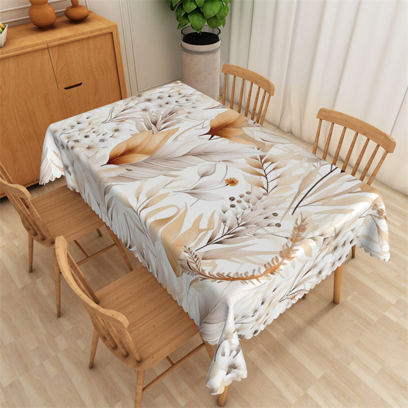 Aperturee - Light Brown Flowers Leaves Rectangle Tablecloth