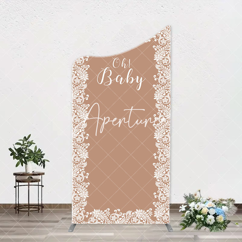 Aperturee - Light Brown White Leaf Pattern Oh Baby Arch Backdrop