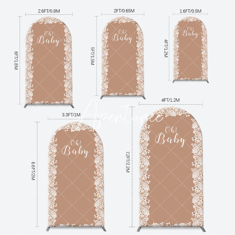 Aperturee - Light Brown White Leaf Pattern Oh Baby Arch Backdrop