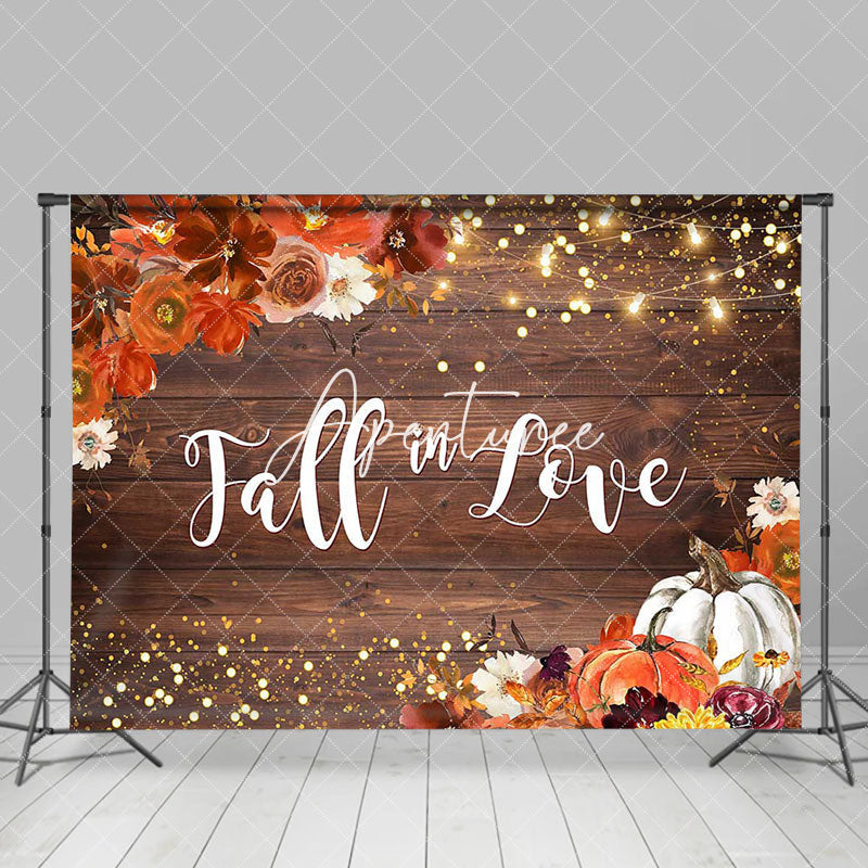 Aperturee - Light Floral Fall In Love Wooden Wedding Backdrop