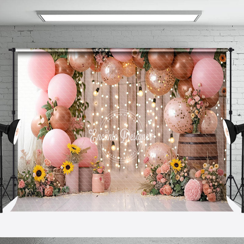 Aperturee - Light Floral Leaves Pink Balloons Wedding Backdrop