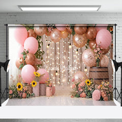 Aperturee - Light Floral Leaves Pink Balloons Wedding Backdrop