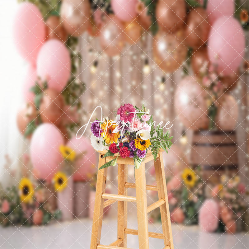 Aperturee - Light Floral Leaves Pink Balloons Wedding Backdrop