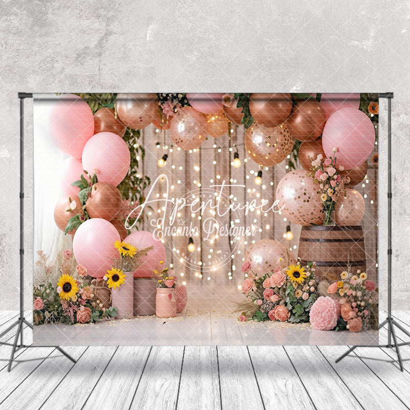 Aperturee - Light Floral Leaves Pink Balloons Wedding Backdrop