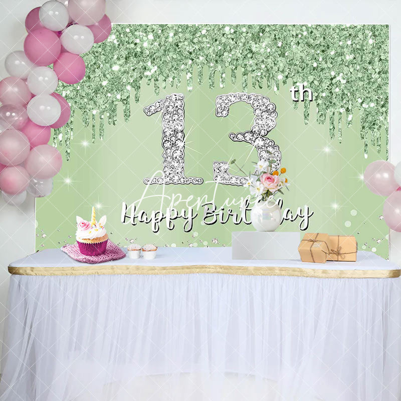 Aperturee - Light Green Glitter Diamonds 13th Birthday Backdrop