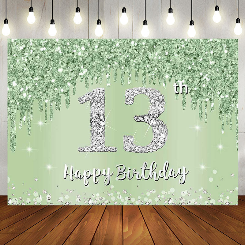 Aperturee - Light Green Glitter Diamonds 13th Birthday Backdrop