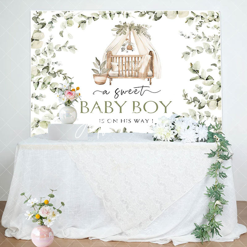 Aperturee - Light Green Leaves Cradle Boy Baby Shower Backdrop