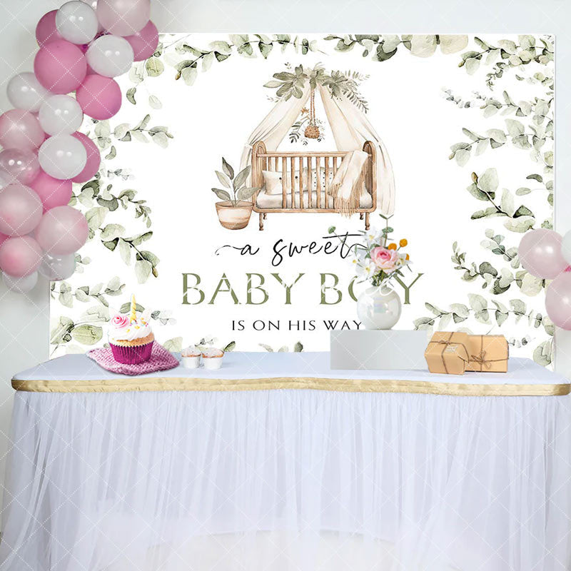 Aperturee - Light Green Leaves Cradle Boy Baby Shower Backdrop