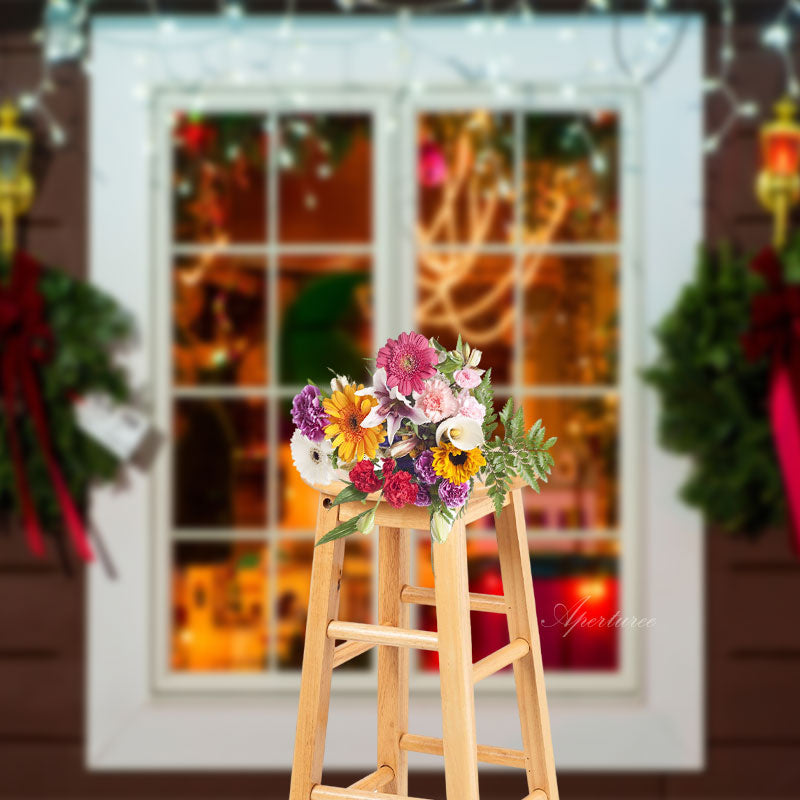 Aperturee - Light Green Wreath White Window Christmas Backdrop