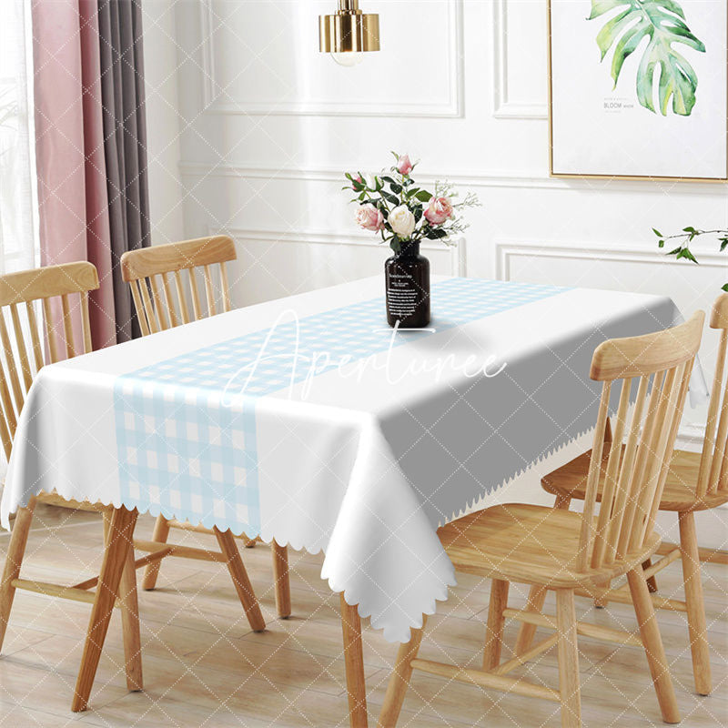 Aperturee - Light Grey White Blue Plaid Rectangle Tablecloth