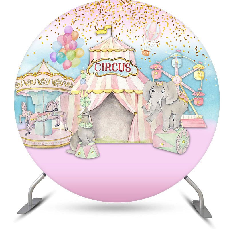 Aperturee - Light Pink Circus Round Happy Birthday Party Backdrop