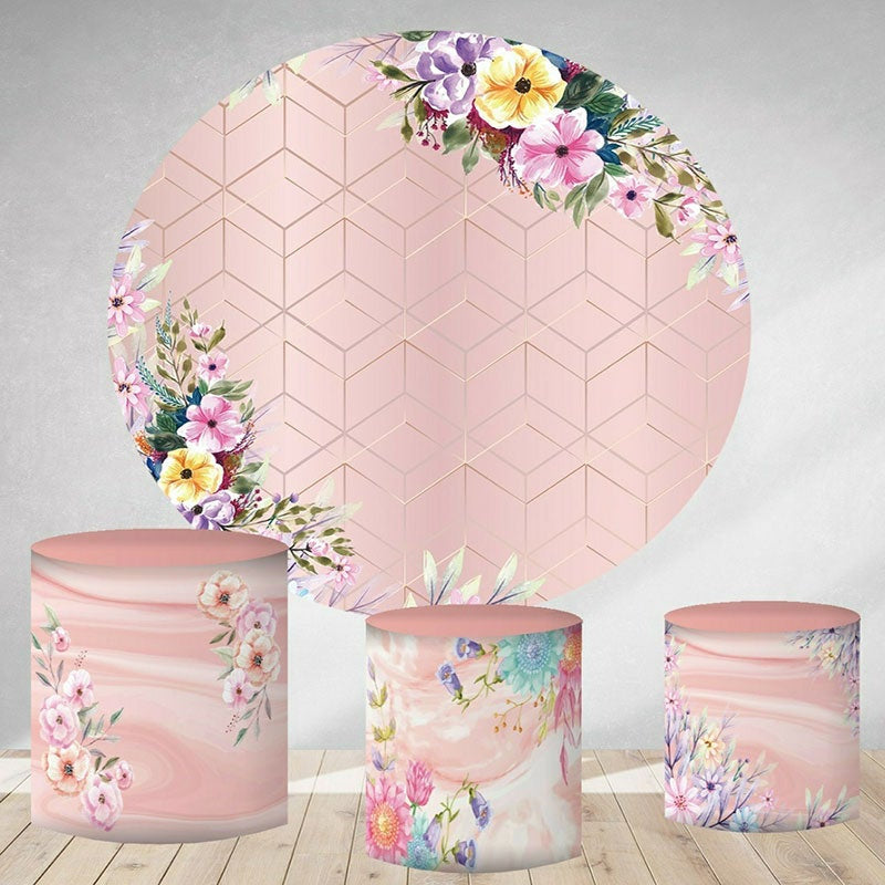 Aperturee Light Pink Floral Round Girls Happy Birthday Backdrop