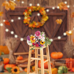 Aperturee - Light Wood Door Pumpkin Maple Leaves Autumn Backdrop