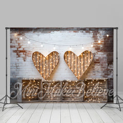 Aperturee - Light Wood Heart Brick Wall Valentines Day Backdrop