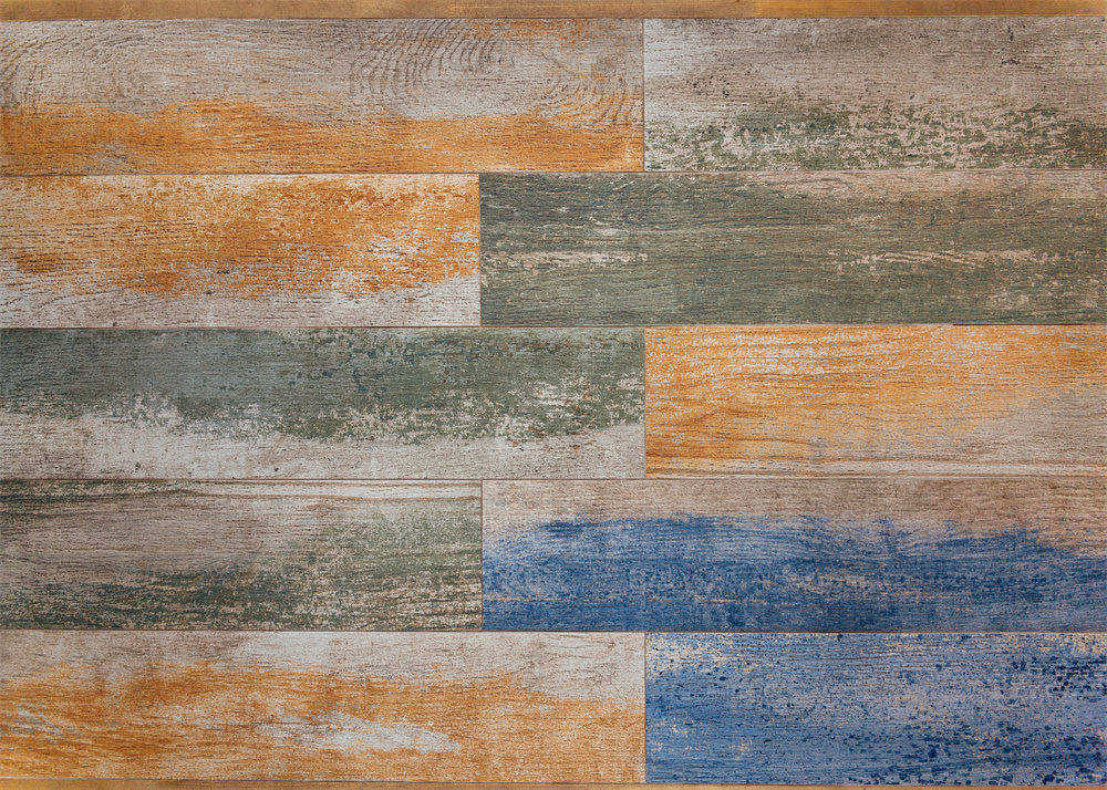 Aperturee - Light Yellow Blue Paint Old Wood Rubber Floor Mat