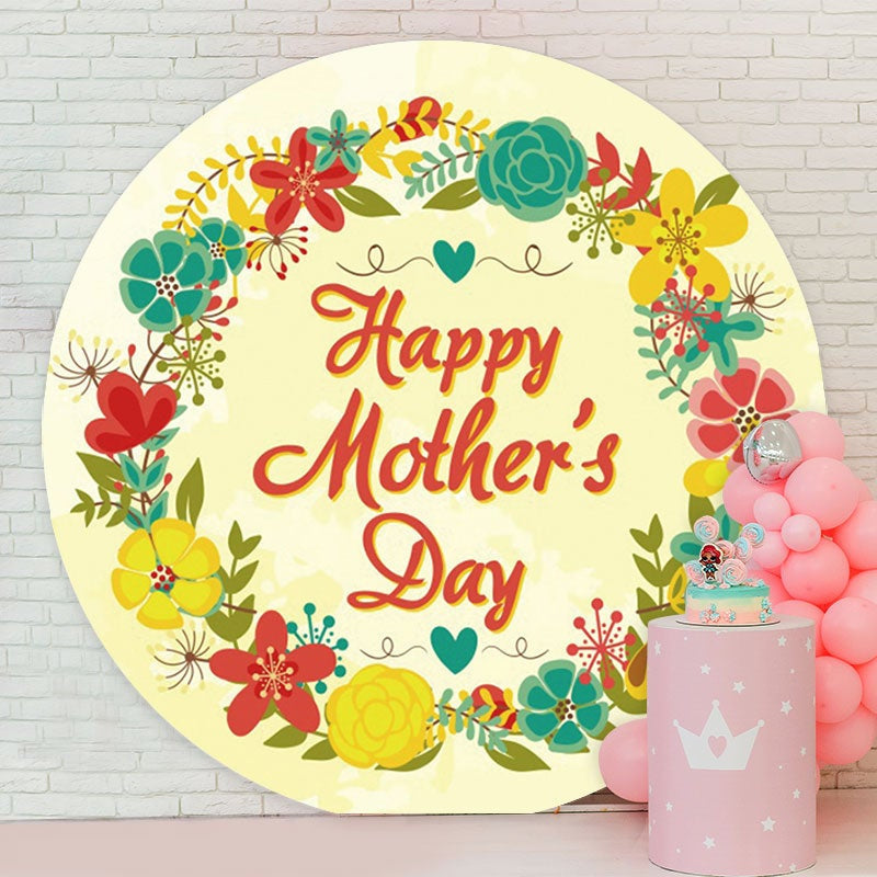 Aperturee - Light Yellow Floral Round Happy Mothers Day Backdrop