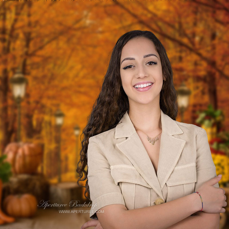 Aperturee - Light Yellow Maple Forest Pumpkin Autumn Backdrop