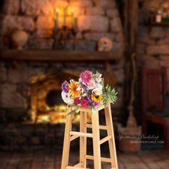 Aperturee - Lighting Fireplace With Skull Candle Halloween Backdrop