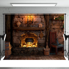 Aperturee - Lighting Fireplace With Skull Candle Halloween Backdrop