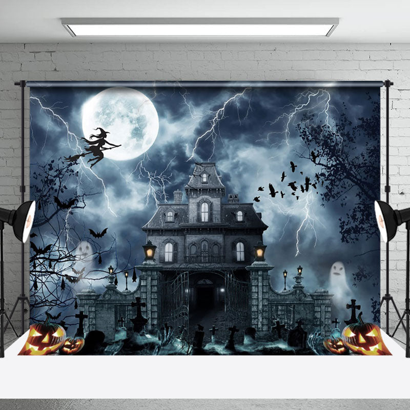 Aperturee - Lightning Thunder Halloween Night Witch Pumpkin Backdrop