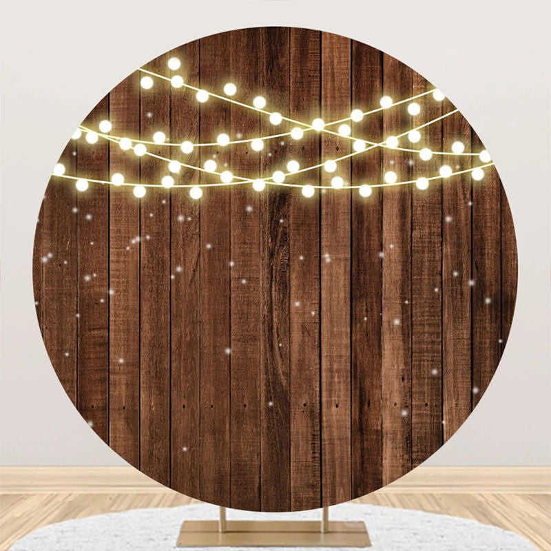 Aperturee - Lights Dot Brown Wooden Wall Round Birthday Backdrop