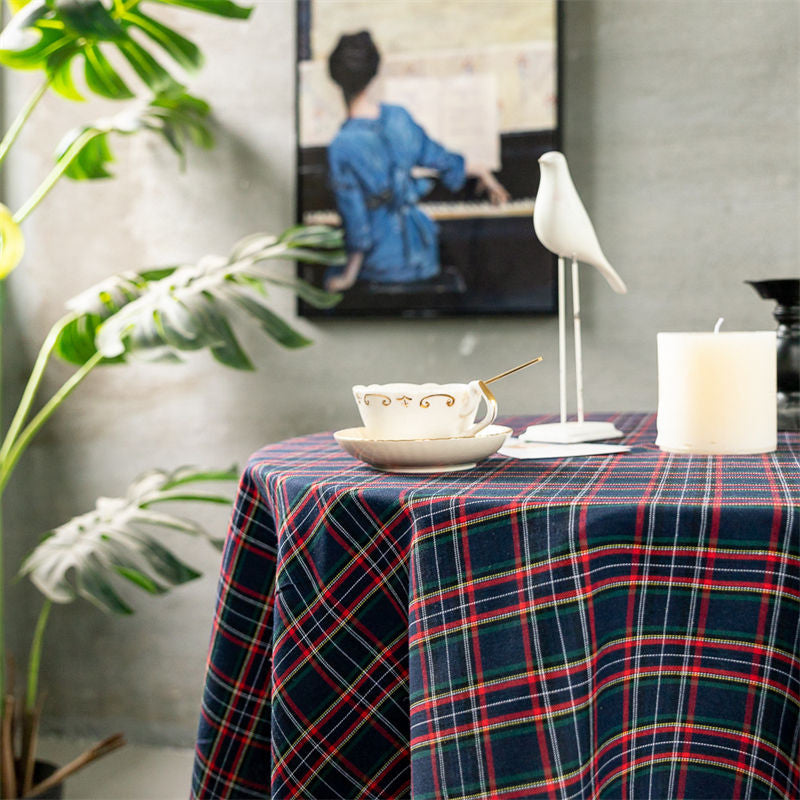 Aperturee - Lines Navy Plaid Checked Round Tablecloth For Decor