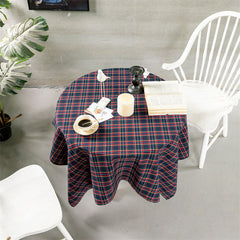 Aperturee - Lines Navy Plaid Checked Round Tablecloth For Decor