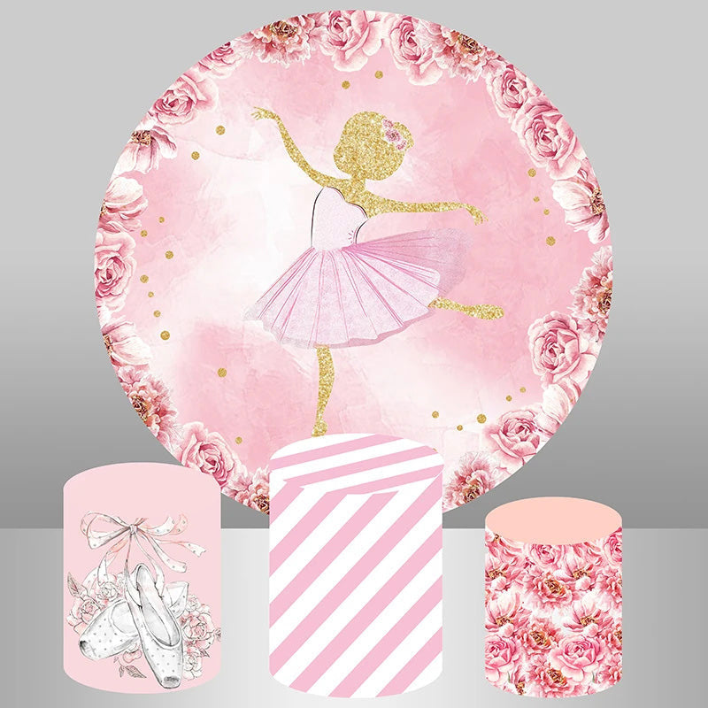 Aperturee Little Ballerina Floral Pink Round Backdrop Kit For Girls