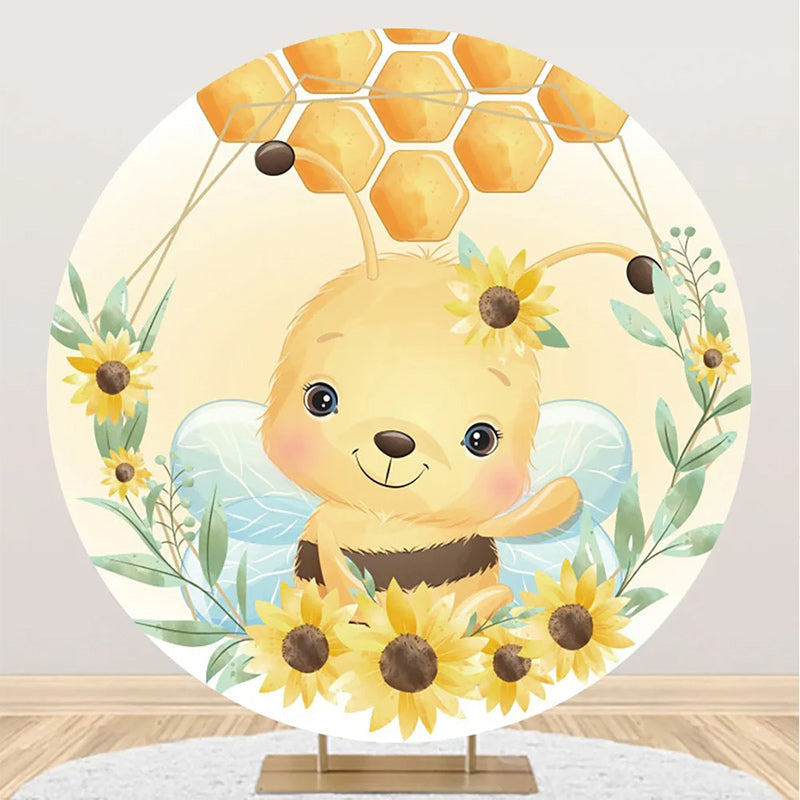 Aperturee - Little Bee Honeycomb Floral Round Birthday Backdrop