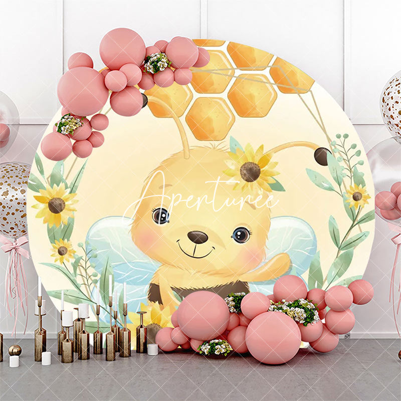 Aperturee - Little Bee Honeycomb Floral Round Birthday Backdrop