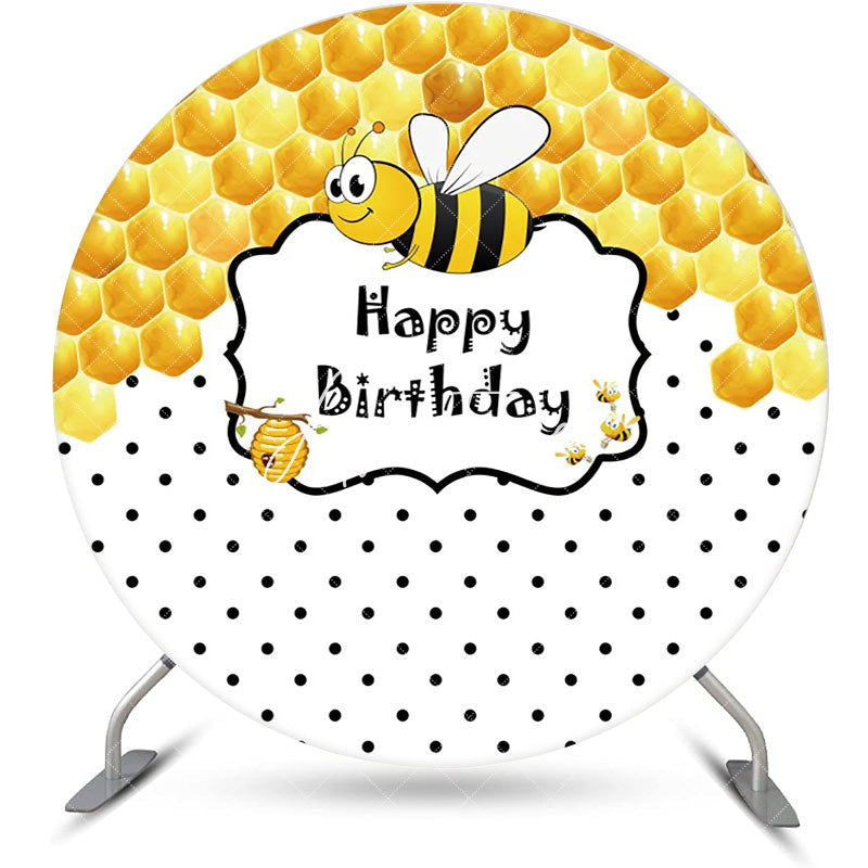 Aperturee - Little Bee Honeycomb Round Happy Birthday Backdrop